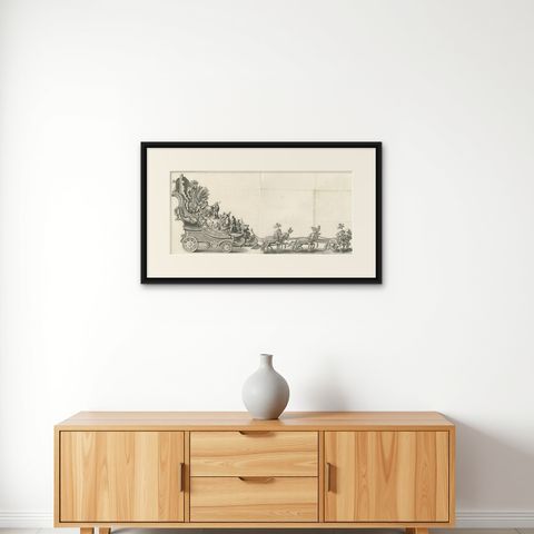 Remarkable Antique Print of a Horse Drawn Float with Religious Figures, 1775, shown framed on a wall, true to size