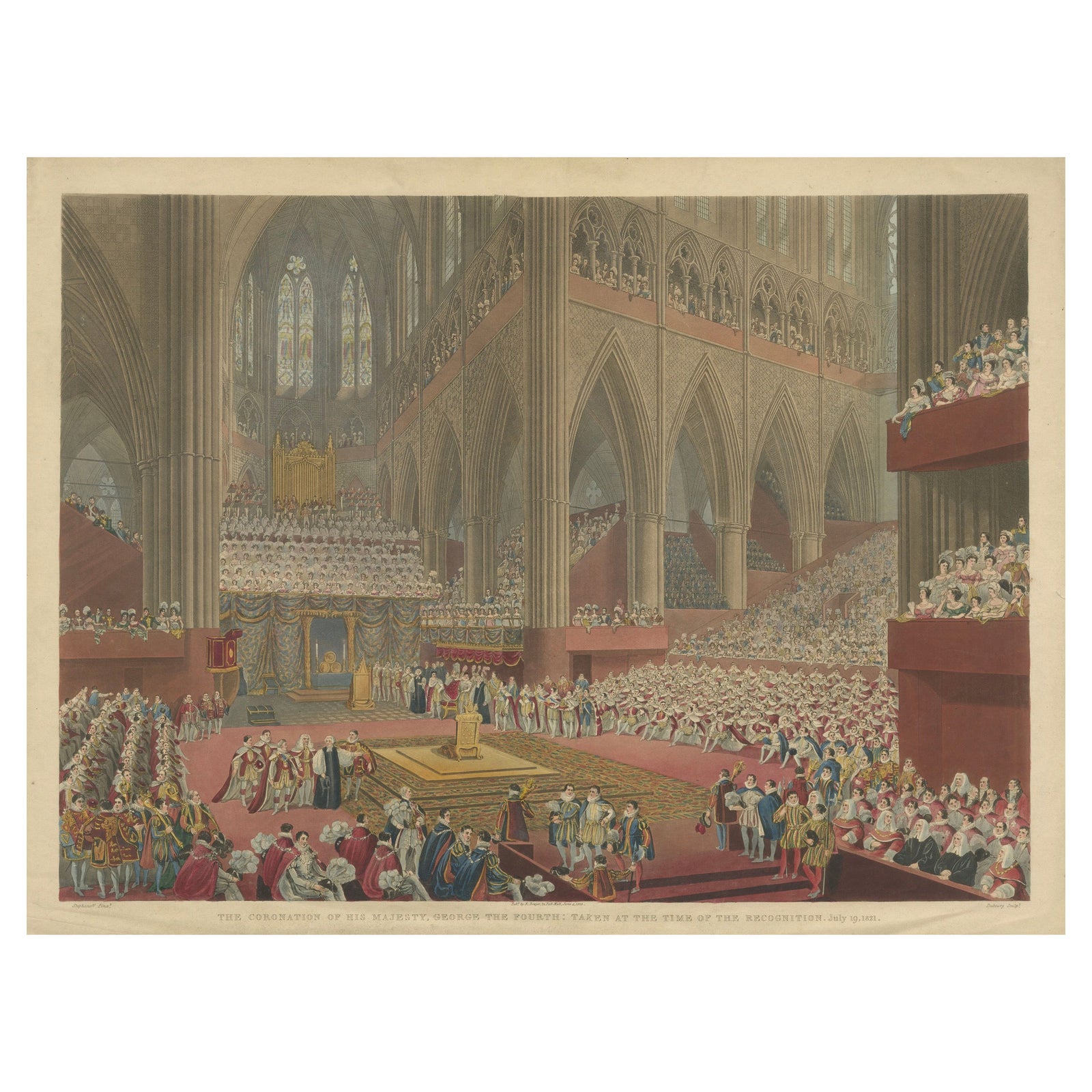 Hand-Coloured Engraving of George IV’s Coronation at Westminster Abbey, 1822