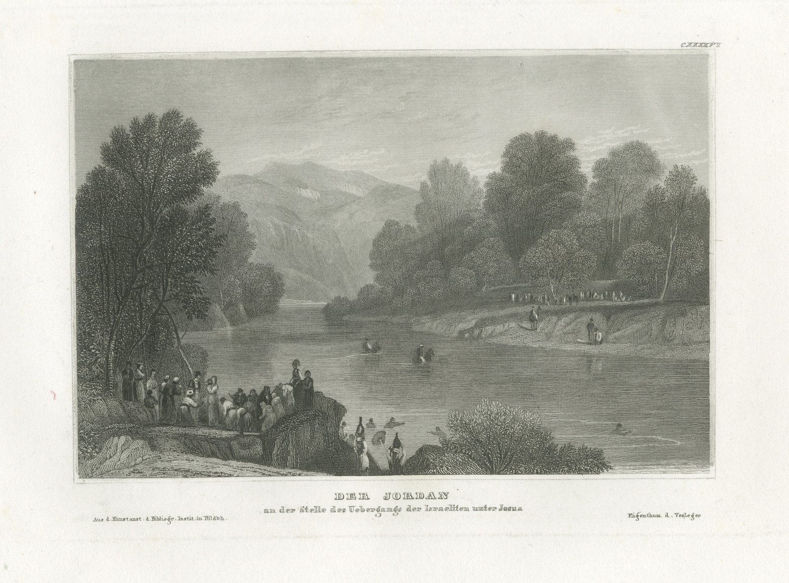Antique View of the River Jordan, Pilgrims at the Ford, Engraving, circa 1850