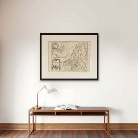 Antique French Map of the Holy Land, Twelve Tribes of Israel, c.1750, shown framed on a wall, true to size