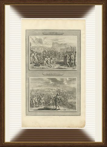 Achan Punished and Joshua Commands the Sun to Stand Still, Mortier circa 1700, shown framed