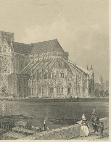 Notre Dame Cathedral, Paris, Antique Steel Engraving after T. Allom, circa 1850, close-up 2