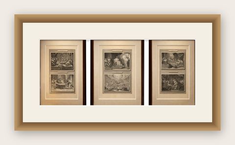 Dutch Baroque Passion of Christ, 3 Double-Scene Engravings by Mortier ca 1700, shown framed