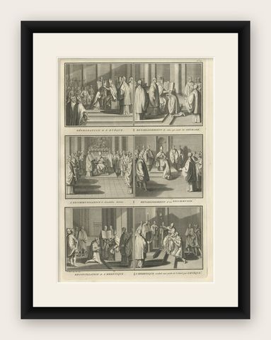 Old Religion Print Showing Six Roman Catholic Habits, Rituals & Ceremonies, 1723, shown framed