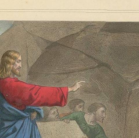 Antique Religious Print "No. 22" the Resurrection of Lazarus, circa 1840, close-up 1