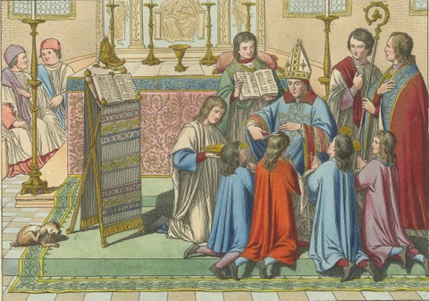 Antique Hand-Colored 1845 Engraving of Medieval Church Ceremony, France, close-up 2