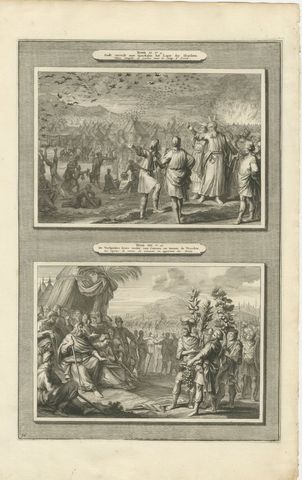 Quails in the Camp and the Spies Return from Canaan, Mortier Bible circa 1700