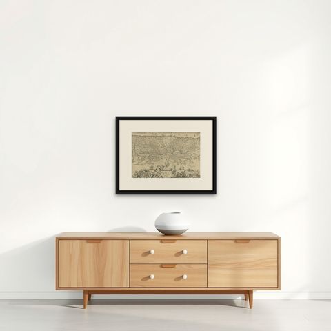 Promised Land of Canaan, Antique Map of Israel with Biblical Scenes, van Jagen, shown framed on a wall, true to size
