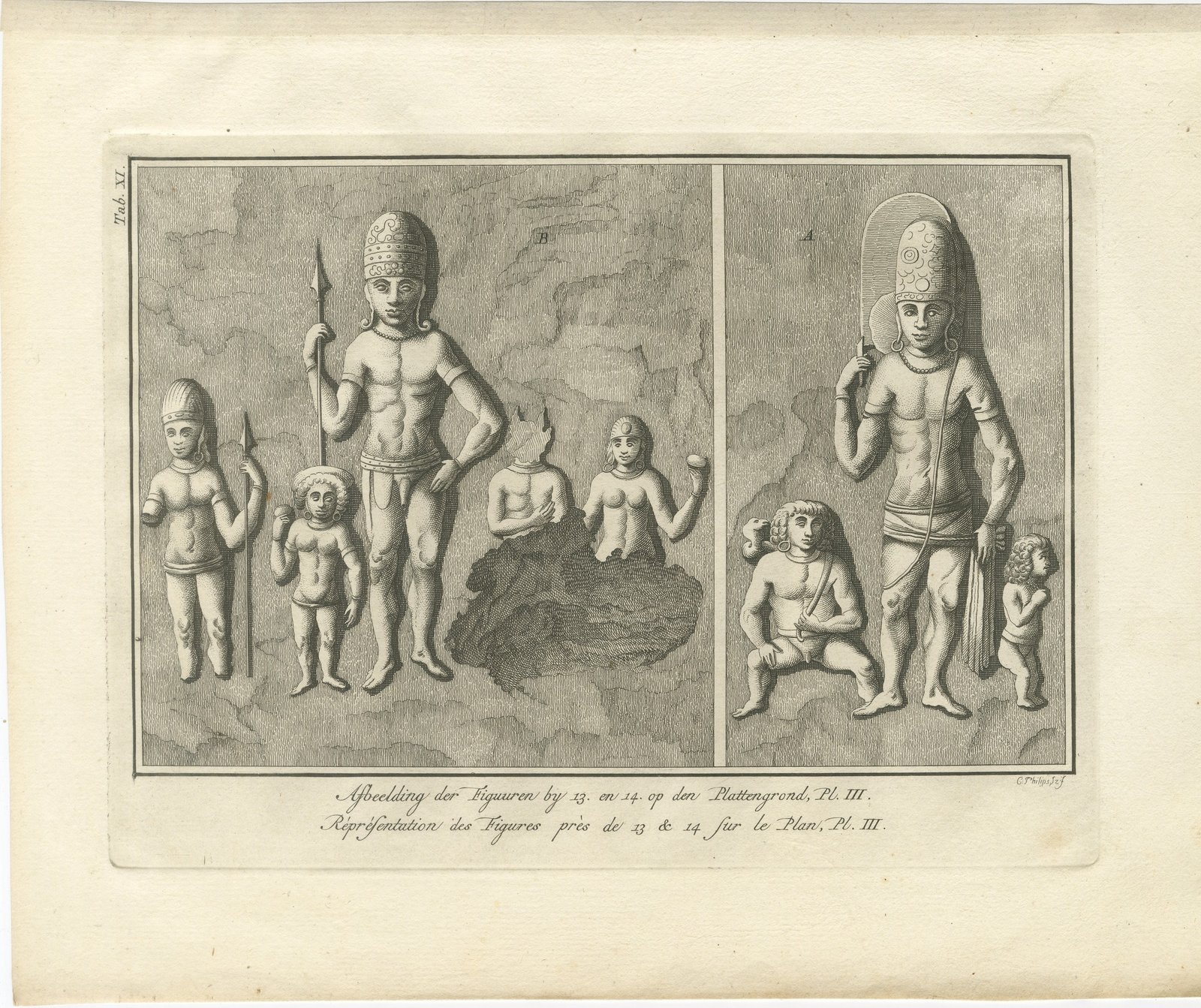 Elephanta Cave Sculptures at Stations 13 and 14, Antique Print, 1780