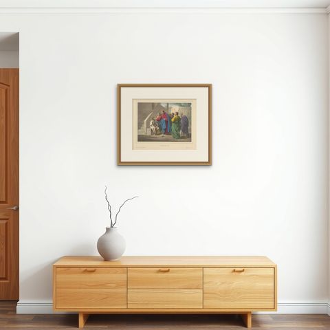 Antique Religious Print 'No. 20' Jesus Heals a Man Born Blind, circa 1840, shown framed on a wall, true to size