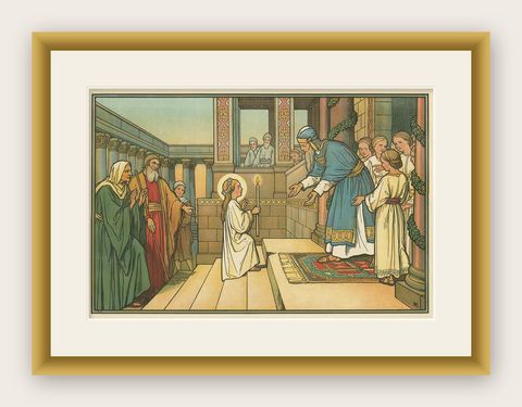 Antique Religion Print of the Presentation of Mary '1913', shown framed