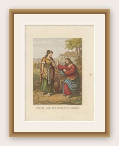 Antique Bible Print of Christ and the Woman of Samaria by Kronheim, 'c.1860', shown framed
