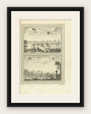 Antique Print of Tongzhou in China and a Pilgrimage for a Fertile Year, 1746, shown framed