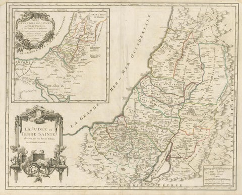 Antique French Map of the Holy Land, Twelve Tribes of Israel, c.1750, close-up 1