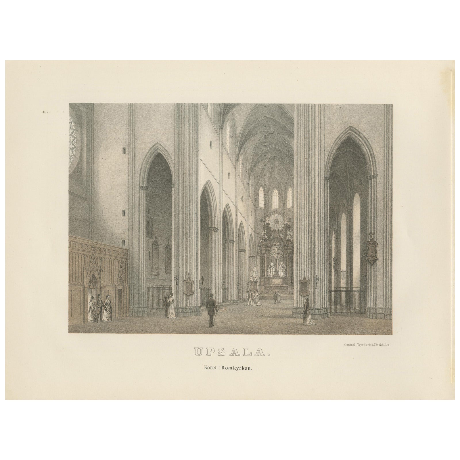 Uppsala Cathedral Choir Interior, Koret i Domkyrkan, Tinted Lithograph 1877