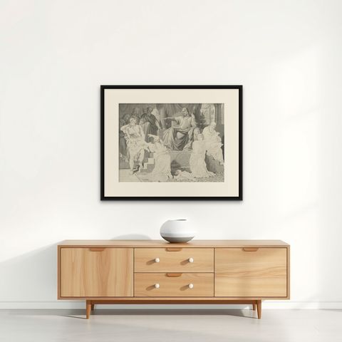 Old Print Depicting the Judgement of Solomon, Story of the Hebrew Bible, c.1890, shown framed on a wall, true to size