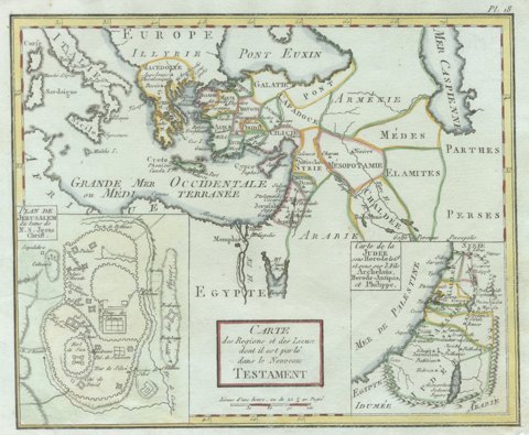 Antique New Testament Map with Plan of Jerusalem after Bonne, circa 1770