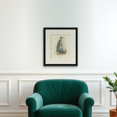 Jewish Bride Print Algeria 1853 by Compte-Calix, Hand-Colored Lithograph, shown framed on a wall, true to size