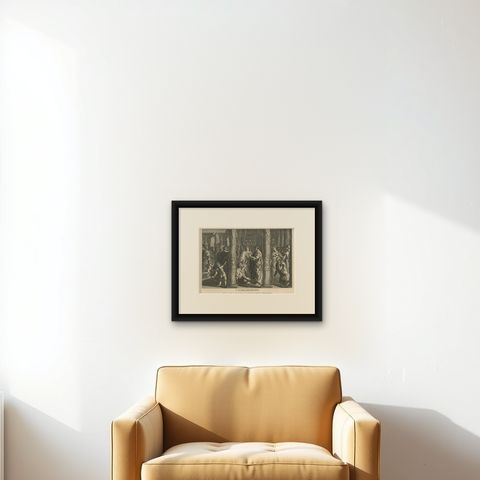 Religious Antique Print of St. Peter Healing the Cripple, 1835, shown framed on a wall, true to size