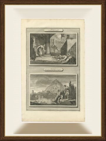 Tobit Loses His Sight and Tobias Catches the Fish, Mortier Bible circa 1700, shown framed