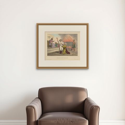 Antique Religious Print "No. 27" Eleazar and the Seven Maccabees, circa 1840, shown framed on a wall, true to size