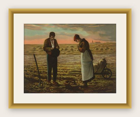 The Angelus at Sunset, After Millet, Antique European Chromolithograph, c.1900, shown framed