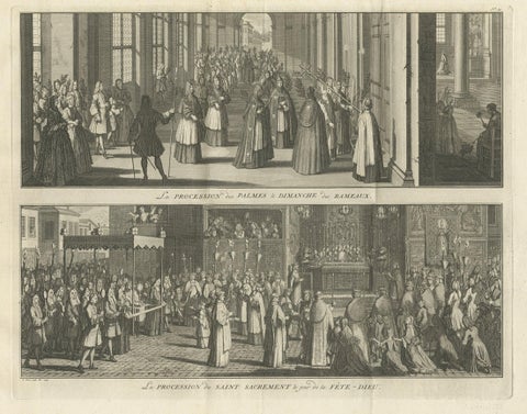 Old Print of a Religious Ceremony for Corpus Christi Day and Palm Sunday, 1725, close-up 1