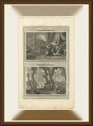 Samson and Delilah and Samson Destroys the Temple of Dagon, Mortier circa 1700, shown framed