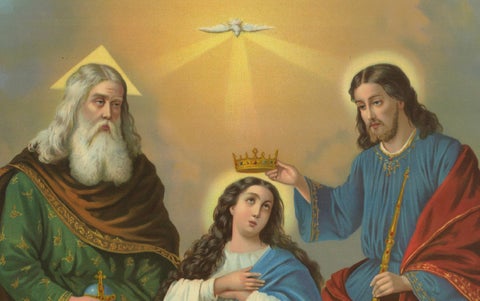 Antique Coronation of Mary Religious Chromolithograph with Gold, c. 1900, close-up 1