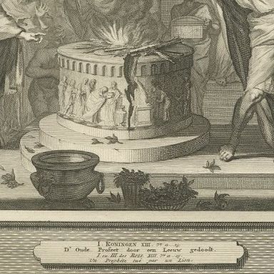 Prophecy at Bethel and the Prophet Slain by a Lion, Pieter Mortier, circa 1700, close-up 2
