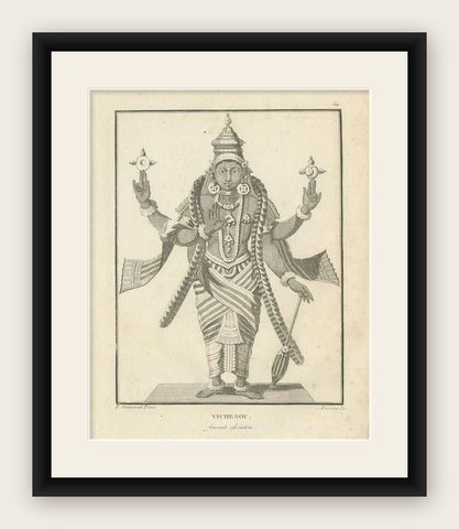 1806 Engraving: Vishnu's Divine Majesty in Hindu Iconography, shown framed
