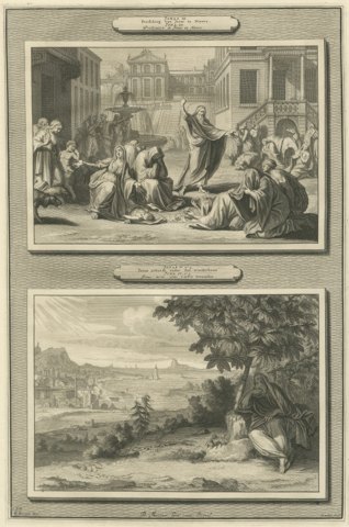 Jonah Preaches at Nineveh and Jonah Under the Gourd, Mortier Bible circa 1700