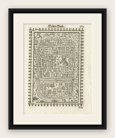 17th Century Woodcut Map of Jerusalem from Abraham Saur’s Städte-Buch, 1658, shown framed