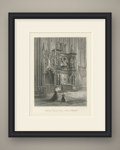 Tomb of Louis de Brézé, Rouen, Antique Steel Engraving after Hodson, circa 1877, shown framed