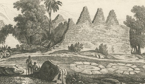 Ancient Hawaiian Temples & Royal Sacred Sites, Pair of Small Engravings, 1836, close-up 2