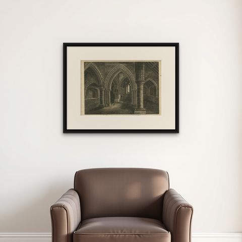 Inside View of Magdalen Chapel, Engraving of Medieval Gothic Interior, 1790, shown framed on a wall, true to size