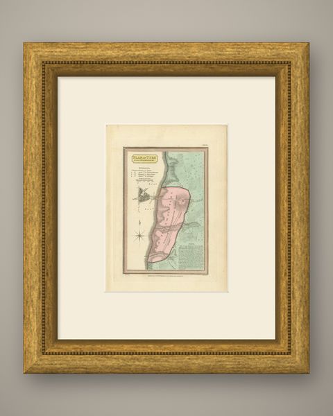 Plan of Ancient Tyre from the Book of Ezekiel, Antique Map, 1823, shown framed