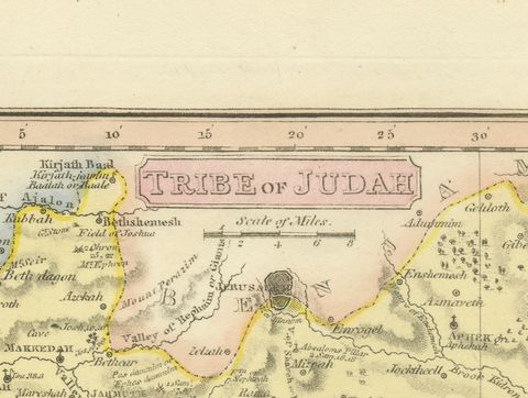 Antique Hand-Colored Map of the Tribe of Judah and the Dead Sea, 1823, close-up 1