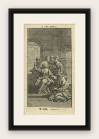 Christ with Mary and Martha Engraving, Luke X Martha Reproved 1735, shown framed