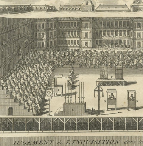 Antique Print of Spanish Inquisitions in Madrid and Goa by Picart, 1723, close-up 1