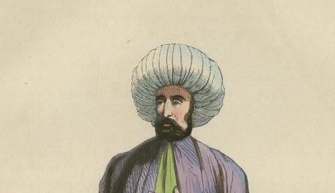 Turkish Religious Scholar, Antique Ottoman Costume Lithograph, c.1852, close-up 2