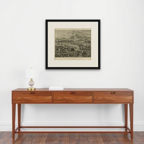 Antique Bible Print the Meeting of Jacob and Esau by J. Luyken, 1743, shown framed on a wall, true to size