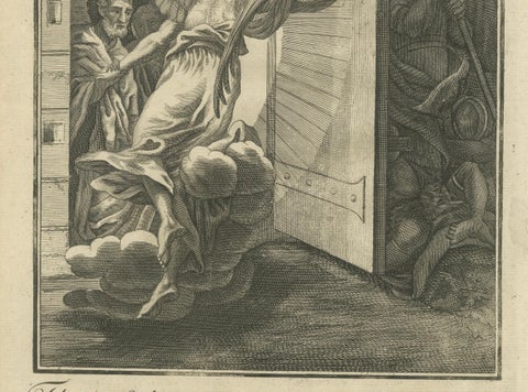 Apostles Released by Angel, Acts V Antique Engraving c.1735, close-up 2