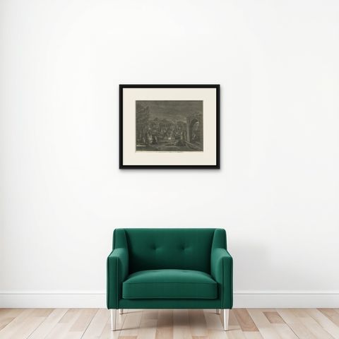 Rare Religious Antique Print Depicting the Death of Armenian Christians, 1730, shown framed on a wall, true to size