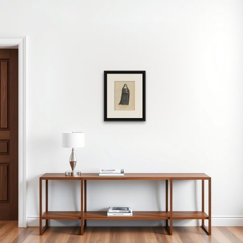 Antique Print of a Nun of the Canonesses of St. Augustine, 1845, shown framed on a wall, true to size