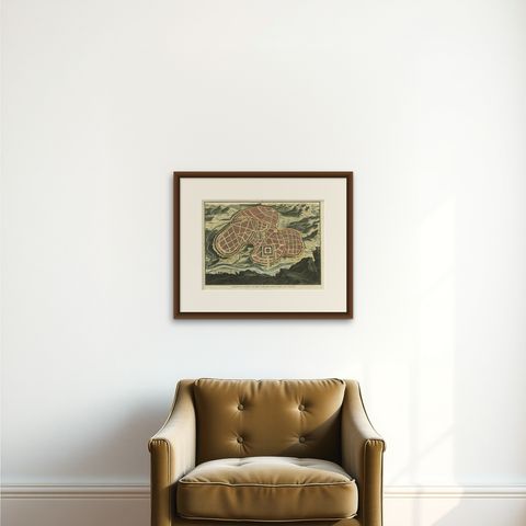 Antique Map of Ancient Jerusalem, depicting The Temple of Solomon, c.1725, shown framed on a wall, true to size