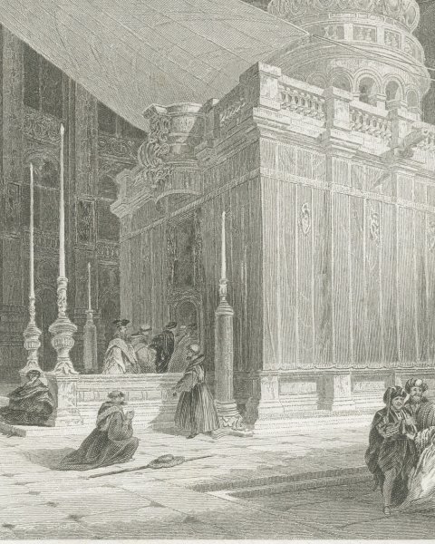 Antique Interior View of the Holy Sepulchre, Jerusalem, Engraving, circa 1850, close-up 1