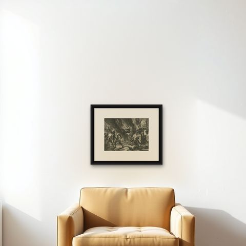 Engraving of Rituals and Cremation Ceremonies in New Spain by Montanus, 1673, shown framed on a wall, true to size