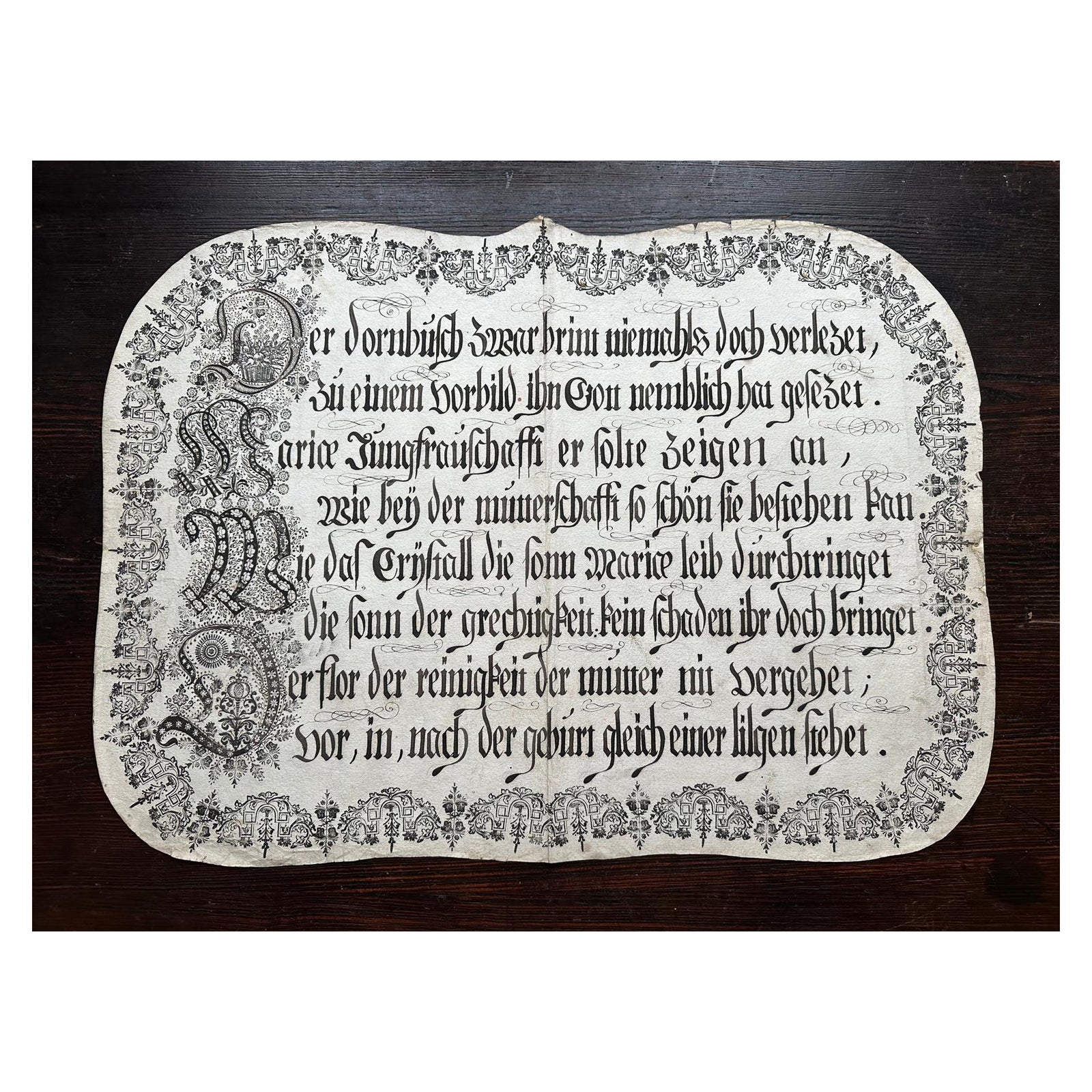 Unique 18th c. German Manuscript Broadside, Virgin Mary Devotional Poem, c.1750
