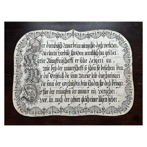 Unique 18th c. German Manuscript Broadside, Virgin Mary Devotional Poem, c.1750